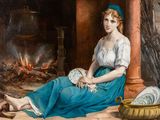 un tableau représentant une femme assise devant une cheminée