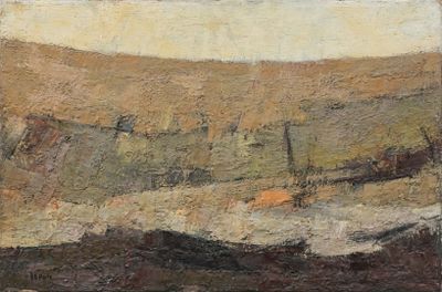 painting of a landscape with a boat in the foreground and a mountain in the background