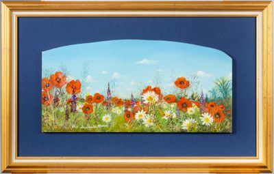 tableau représentant un champ de coquelicots et de marguerites avec un ciel bleu en arrière-plan