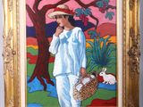 tableau représentant une femme coiffée d'un chapeau de paille, tenant un panier et un lapin