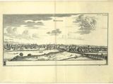 an old drawing of a view of a city with a bridge