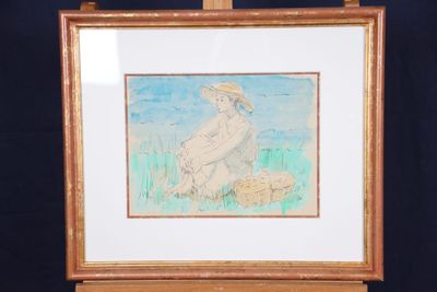 tableau représentant une femme coiffée d'un chapeau de paille, assise dans un champ