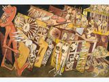a painting of a man standing in front of a pile of items