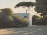 a painting of a building in the middle of a park