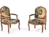 pair of louis xvi style carved wood armchairs with tapestry upholstered seats
