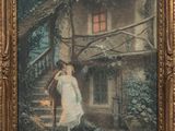 tableau représentant une femme et un cheval devant une maison