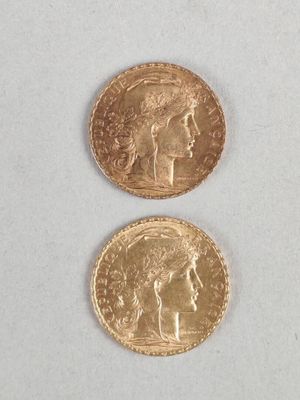two gold coins are shown on a white surface