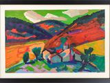 une peinture à l'huile représentant un paysage coloré avec des montagnes en arrière-plan