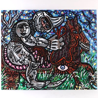 tableau représentant un homme à cheval avec une femme à ses côtés