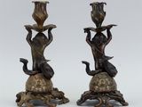 pair of antique bronze candlesticks with birds and flowers