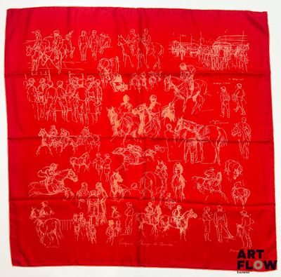 un bandeau rouge orné d'une illustration représentant des personnes et des chevaux