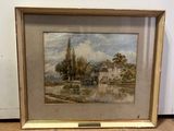 an image of a painting of a river scene with a house in the background