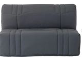 the back of a gray couch with a white button on it