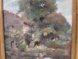 une image d'une peinture représentant une maison et un ruisseau dans un champ