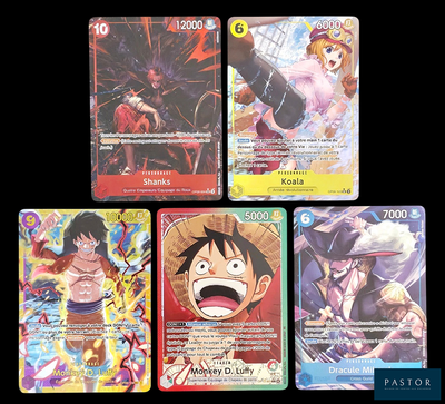 Plusieurs cartes représentant des personnages de « One Piece » sont représentées sur un fond noir.