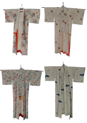 Quatre types différents de kimonos japonais sont présentés sur un fond blanc.