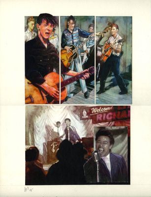 une image représentant un collage de photos d'Elvis Presley et de son groupe