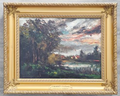 une peinture à l'huile représentant un paysage avec des arbres et une rivière