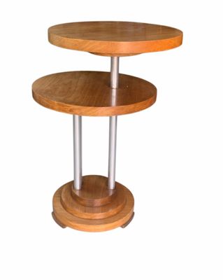 a wooden table with two tiers on it