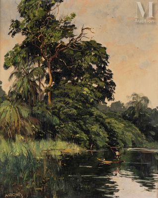 an image of a painting of a man in a boat on a river