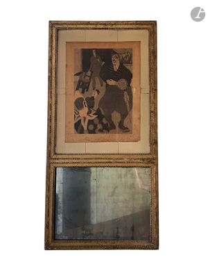 une photo représentant un tableau accroché au mur au-dessus d'un miroir