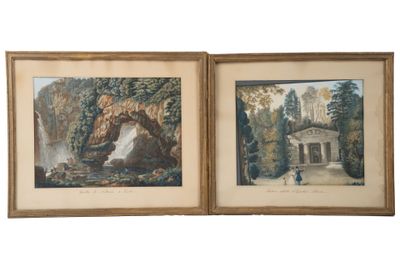 paire d'aquarelles anciennes représentant une cascade et une cascade