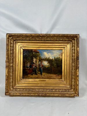 un vieux tableau représentant un homme et une femme assis sur un banc