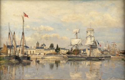 tableau représentant une vue d'un port avec des bateaux et des bâtiments en arrière-plan