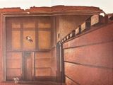 a painting of a cat sitting on the floor in front of a door