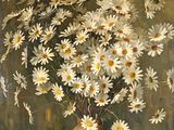 un tableau représentant des marguerites dans un vase posé sur une table