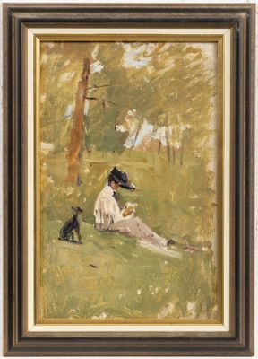 une image représentant un tableau où l'on voit une femme assise dans l'herbe avec un chien