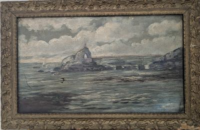 a picture of a painting on the wall by the water