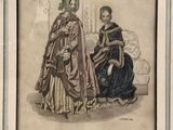 an old fashion illustration of a woman and a child sitting on a couch