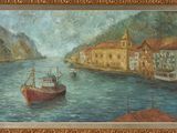 une peinture représentant un bateau sur l'eau, près d'une ville
