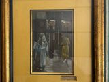 painting of a man and a woman standing in front of a building