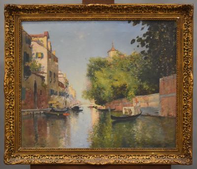 painting of a canal scene with boats and buildings in the background