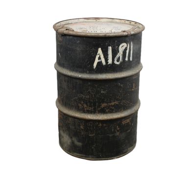 a black barrel with a white word on it
