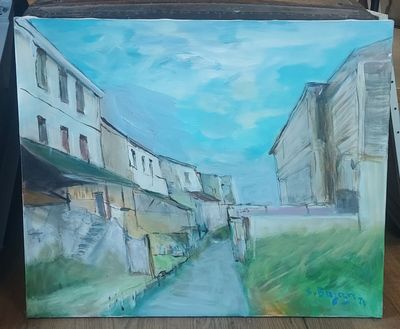 une peinture représentant une peinture d'une rue dans une ville