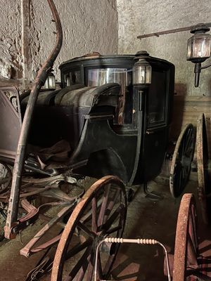 a horse and buggy in a room with a light on