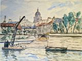 peinture d'un bateau sur un plan d'eau avec un bâtiment en arrière-plan