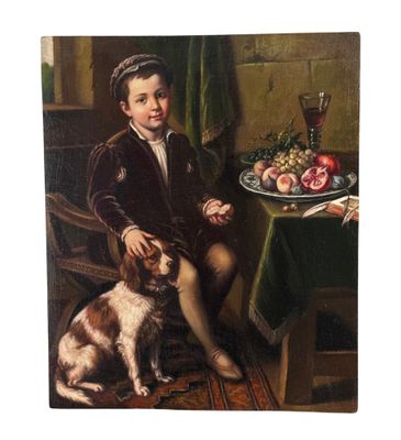 portrait d'un garçon et de son chien près d'une table sur laquelle se trouvent des fruits et un verre de vin
