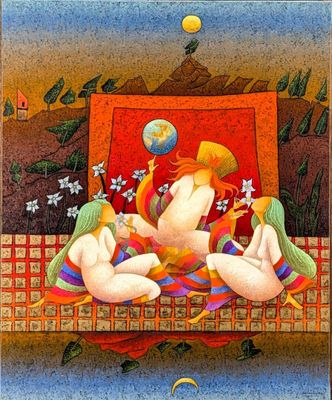 a painting of two women sitting on a couch with flowers in their hair