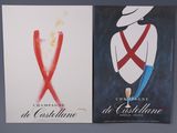 two posters of a woman in a white hat and red suspenders