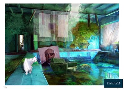 un chat blanc debout à côté d'un tableau représentant un homme dans une baignoire
