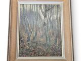 an oil painting of a forest scene with trees and leaves