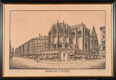 dessin représentant un bâtiment avec une fontaine devant