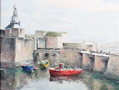 un tableau représentant un bateau rouge sur l'eau