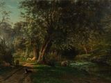 un tableau représentant une route de campagne avec des vaches au loin