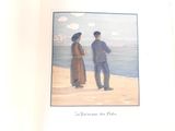 two people standing on the beach looking at the water