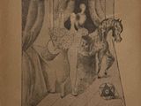 dessin représentant une femme et un cheval dans une pièce avec des rideaux